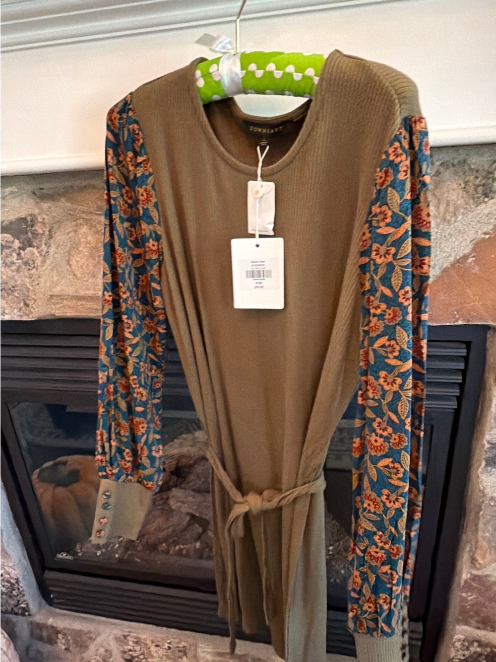 Downeast Basics Women’s Olive Green Knit Dress with Floral Long Sleeve